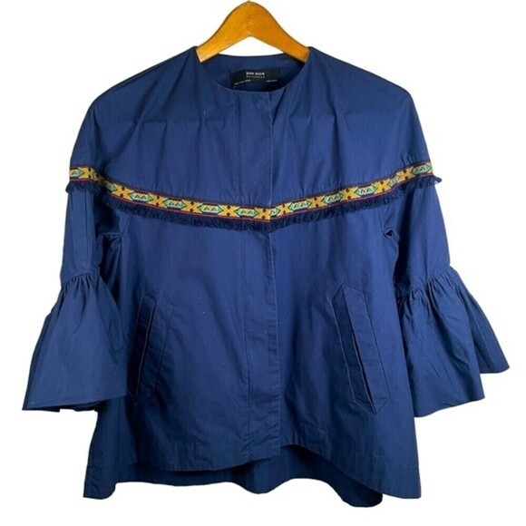 ZARA Basics Women’s Jacket Bell Sleeve Aztec Fringe Blue Size Small Oversize - Picture 1 of 10